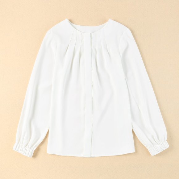 White Crew Neck Gathered Stretch Cuff Shirt - Picture 6 of 9